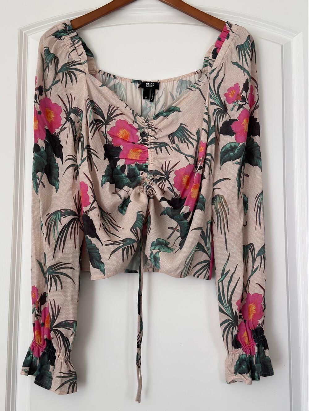 PAIGE Long Sleeve Tropical Floral Blouse Square Neck Ruched Drawstring Front Med